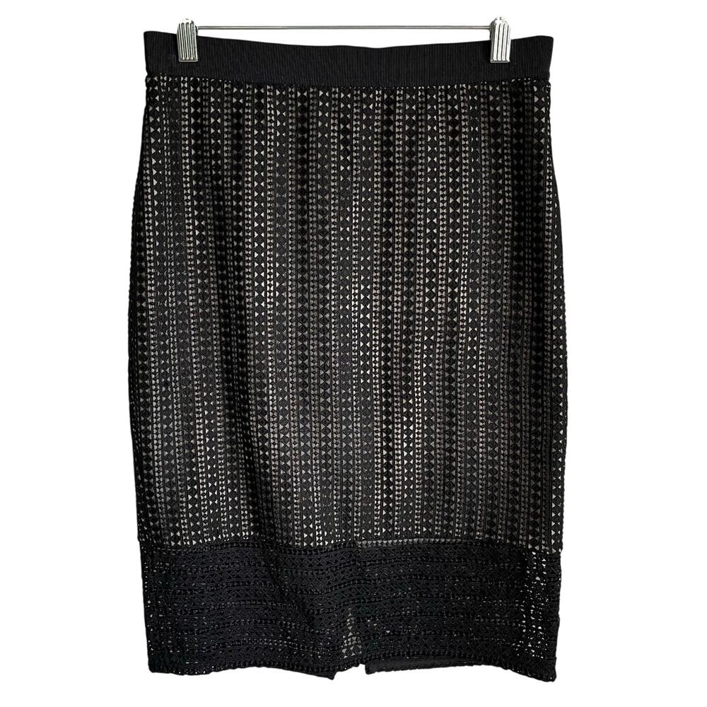 Ann Taylor Pencil Skirt Black Crochet Lace Overlay Tan Lined Sz 0 Elastic Waist